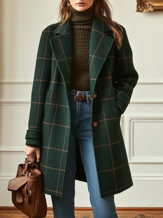 Women's Classic Checkered Overcoat with Button Front for Daily Use Green