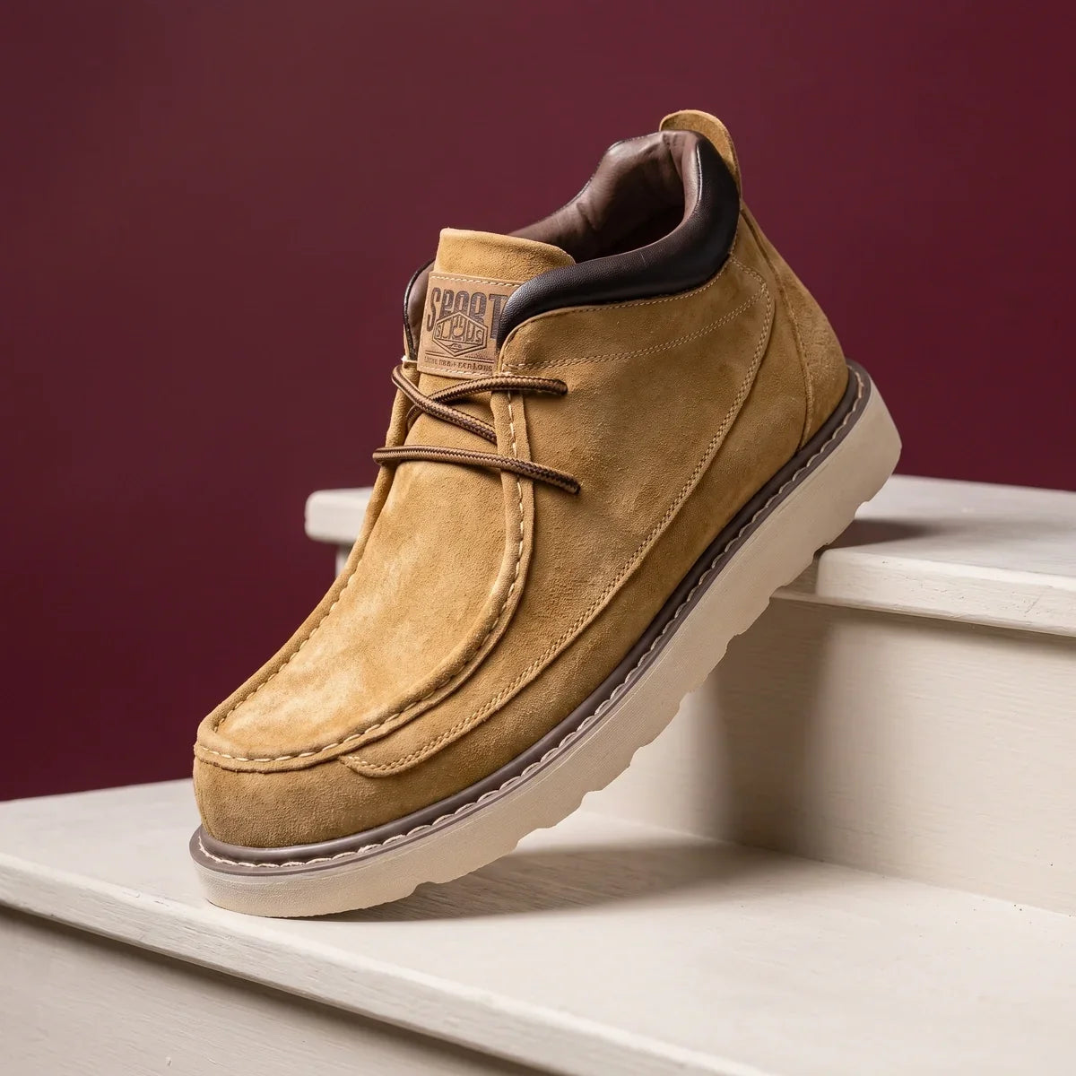 Men's Suede Moc Toe Chukka Boots with Padded Collar for Daily Use Camel