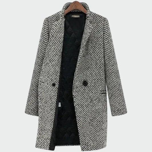 Women's Houndstooth Longline Tailored Overcoat for Daily Use Black