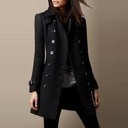 Women's Tailored Double-Breasted Coat for Daily Use Warm Black
