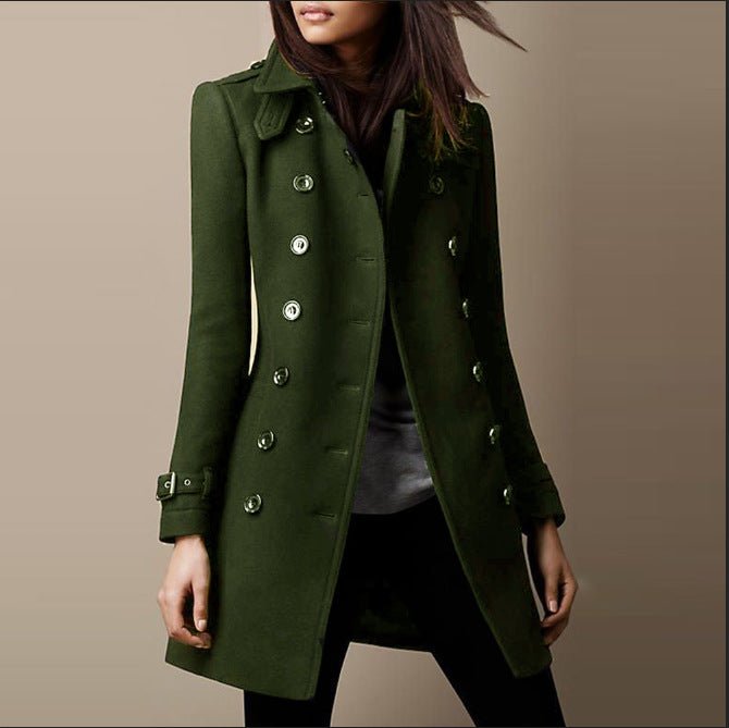 Women's Tailored Double-Breasted Coat for Daily Use Warm Green