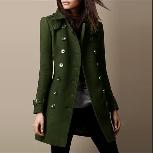 Women's Tailored Double-Breasted Coat for Daily Use Warm Green