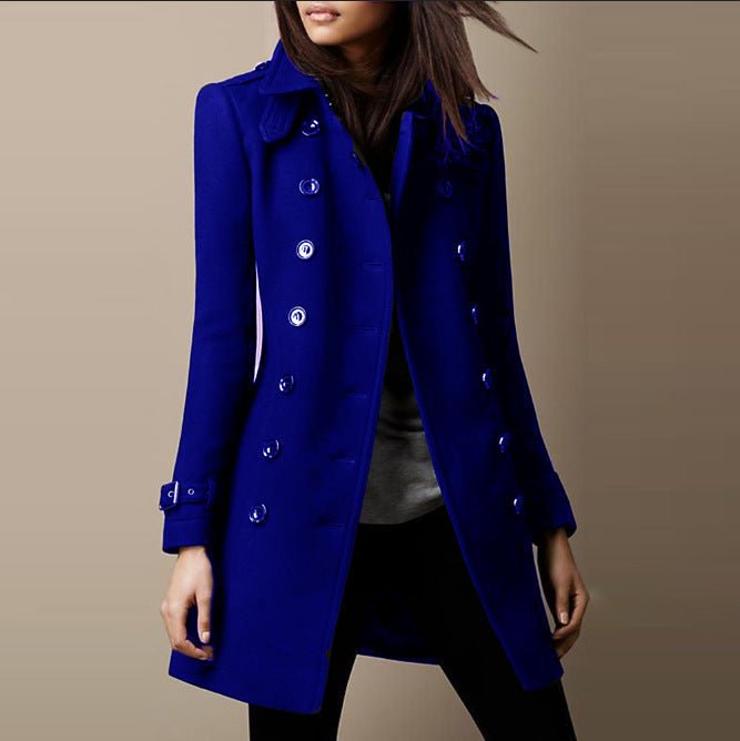Women's Tailored Double-Breasted Coat for Daily Use Warm Blue