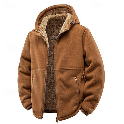 Men's Comfortable Hooded Zip-Up Sweatshirt with Fleece Collar Brown