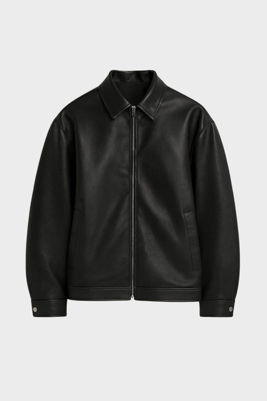 Men's Full-Zip Leather Jacket with Stylish Notch Collar Black