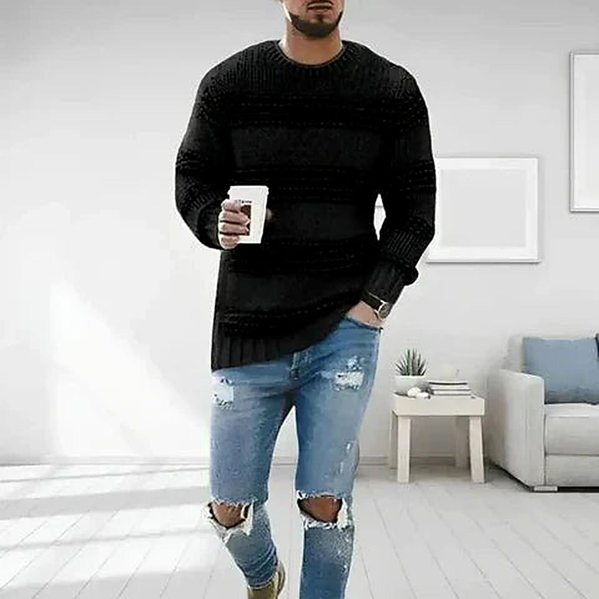 Men's Striped Crew Neck Sweater for Everyday Wear for Daily Use