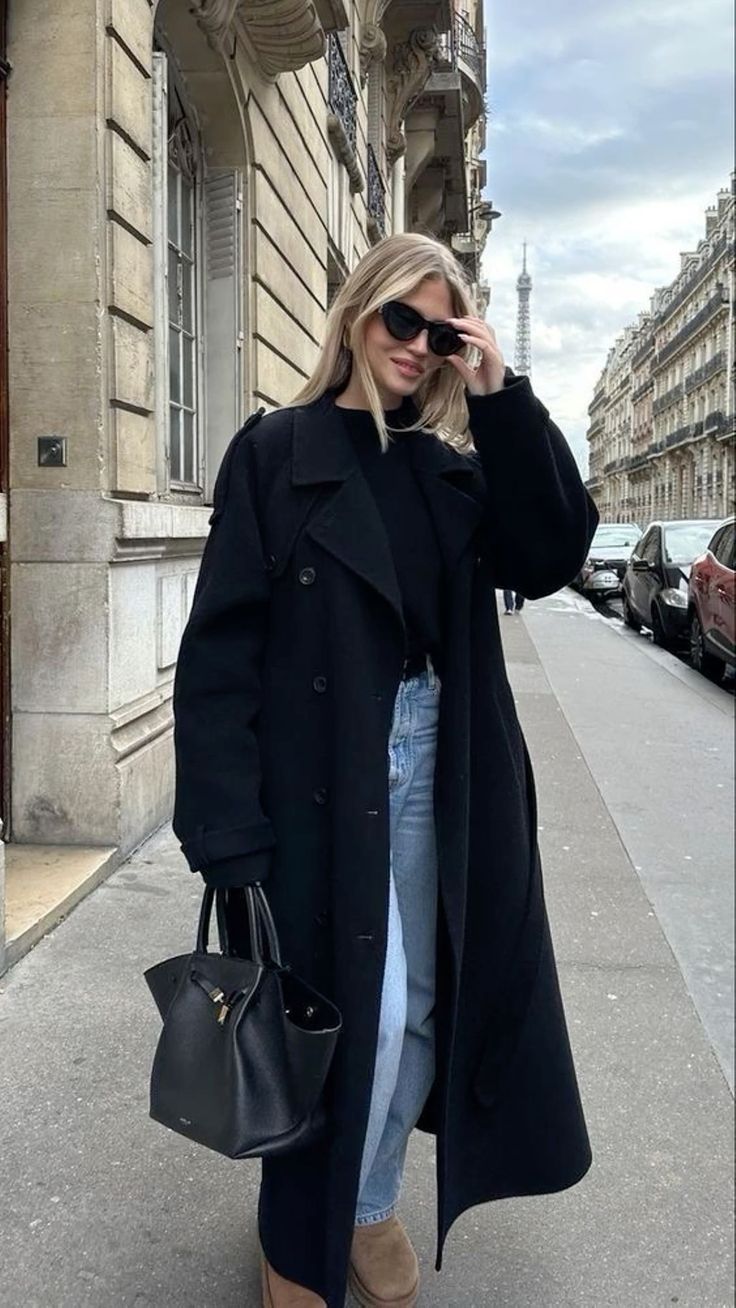 Women's Oversized Double-Breasted Trench Jacket for Daily Use Black