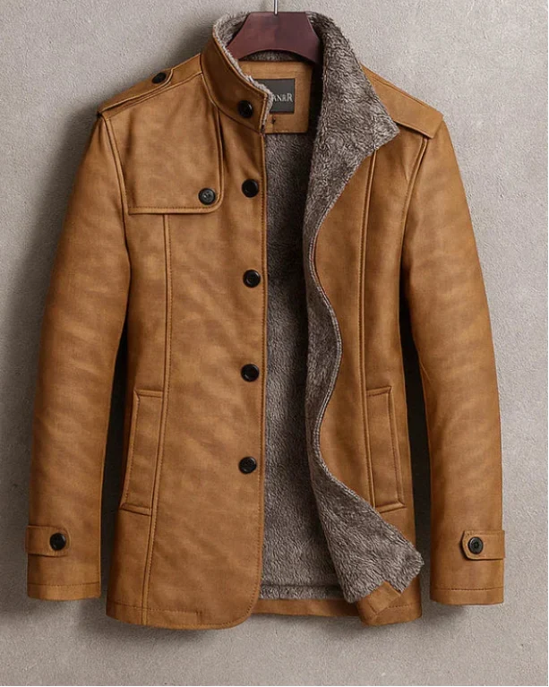 Men's Fashionable Leather Jacket with Button closure for Daily Use Brown