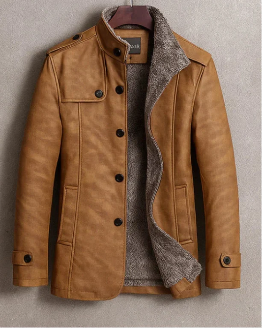 Men's Fashionable Leather Jacket with Button closure for Daily Use Brown