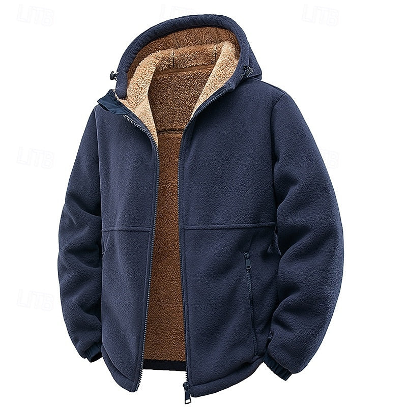 Men's Comfortable Hooded Zip-Up Sweatshirt with Fleece Collar Blue