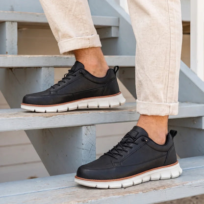 Men's Leather Orthopedic Striped Sneakers for Daily Use Black