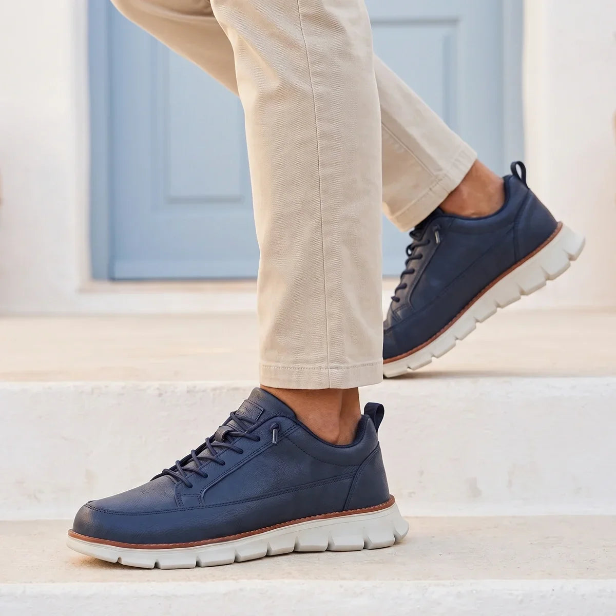 Men's Leather Orthopedic Striped Sneakers for Daily Use Blue