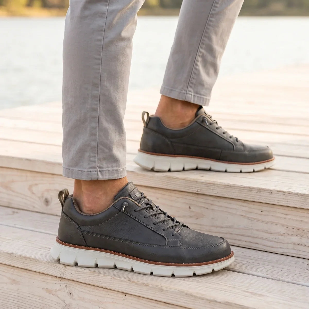 Men's Leather Orthopedic Striped Sneakers for Daily Use Charcoal
