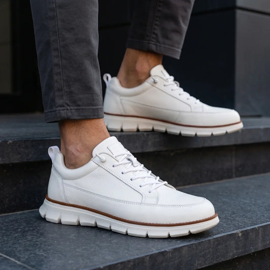 Men's Leather Orthopedic Striped Sneakers for Daily Use White