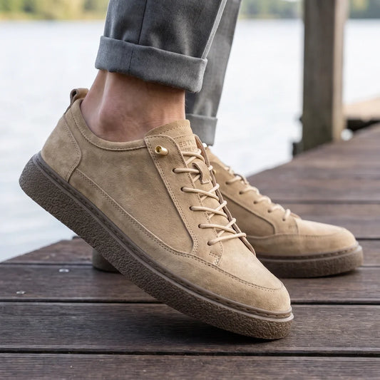 Men's Suede Lace-Up Sneakers with Crepe Sole for Daily Use Camel