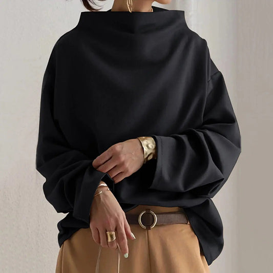 Women's Oversized Mock-Neck Long-Sleeve Hoodie Top for Daily Use Black