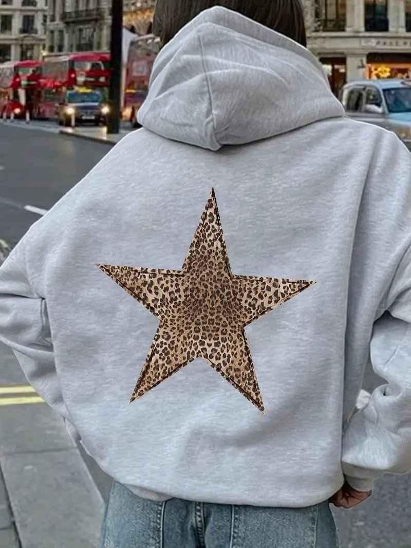 Women's Oversized Leopard Print Hoodie with Pocket for Daily Use Silver