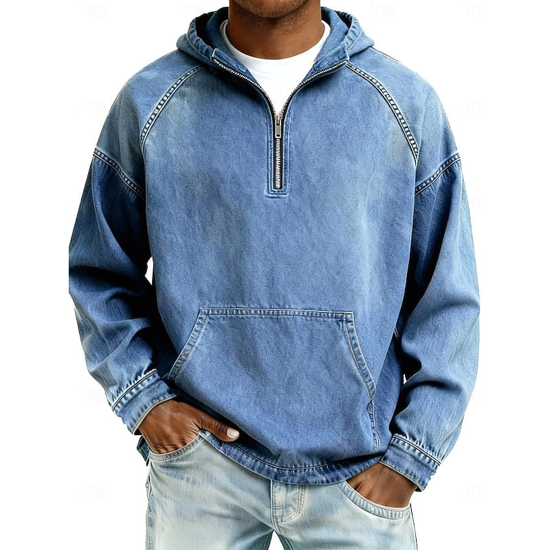 Men's Casual Washed Quarter-Zip Hoodie for Daily Use Warm Light Blue
