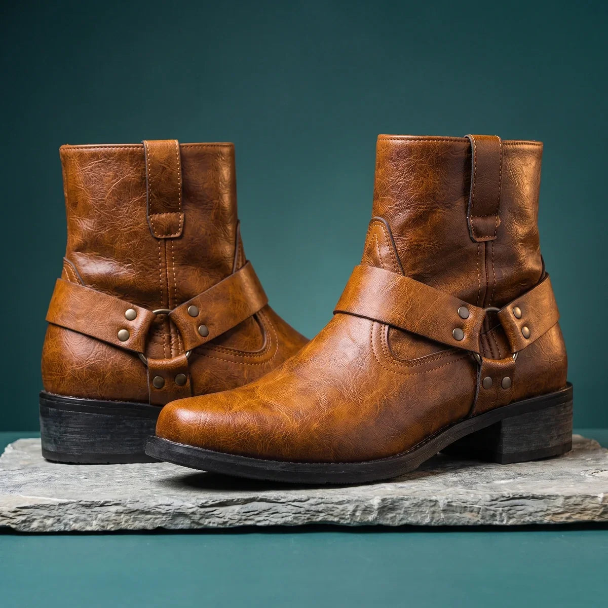 Men's Leather Ankle Harness Boots for Fall and Winter Everyday Wear Brown