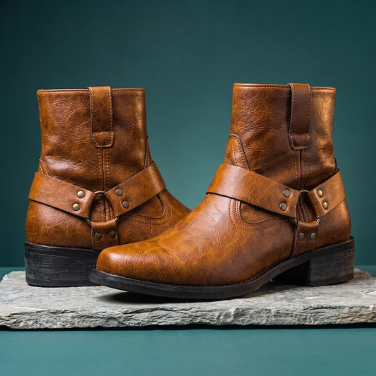 Men's Leather Ankle Harness Boots for Fall and Winter Everyday Wear Brown