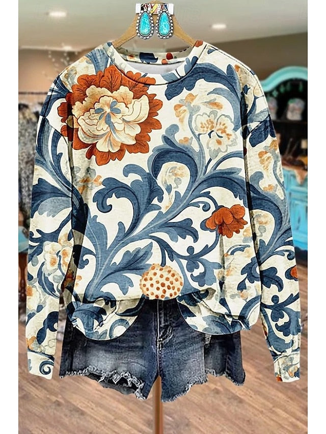 Women's Floral Geometric Pullover Sweatshirt for Daily Use Blue