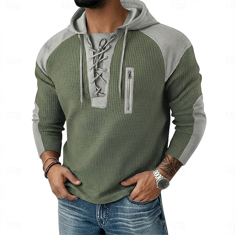 Men's Textured Lace-Up Sweatshirt for Fall and Winter Everyday Wear Green