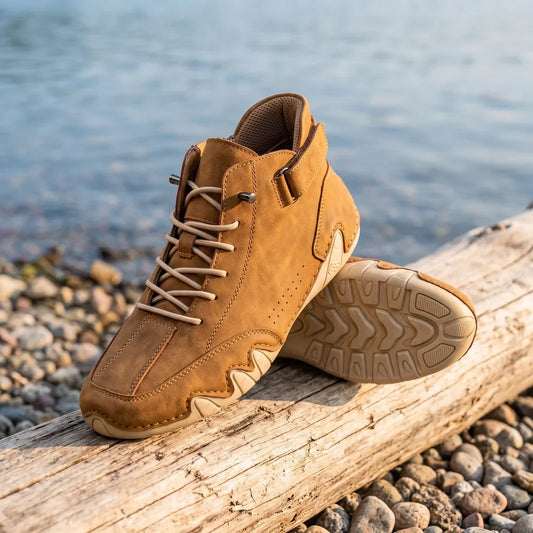 Men's Genuine Leather High-Top Sneakers with Wavy Sole for Daily Use Brown