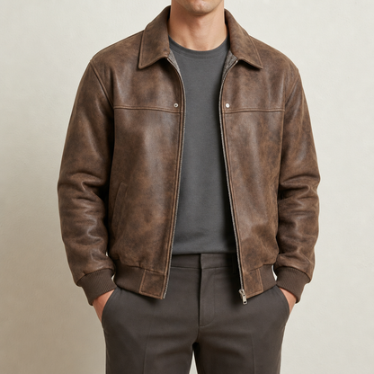 Men's Classic Leather Bomber Jacket with Ribbed Trim for Daily Use Brown