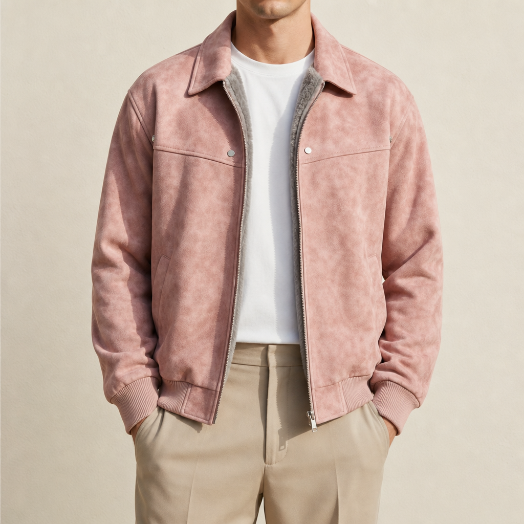 Men's Classic Leather Bomber Jacket with Ribbed Trim for Daily Use Pink