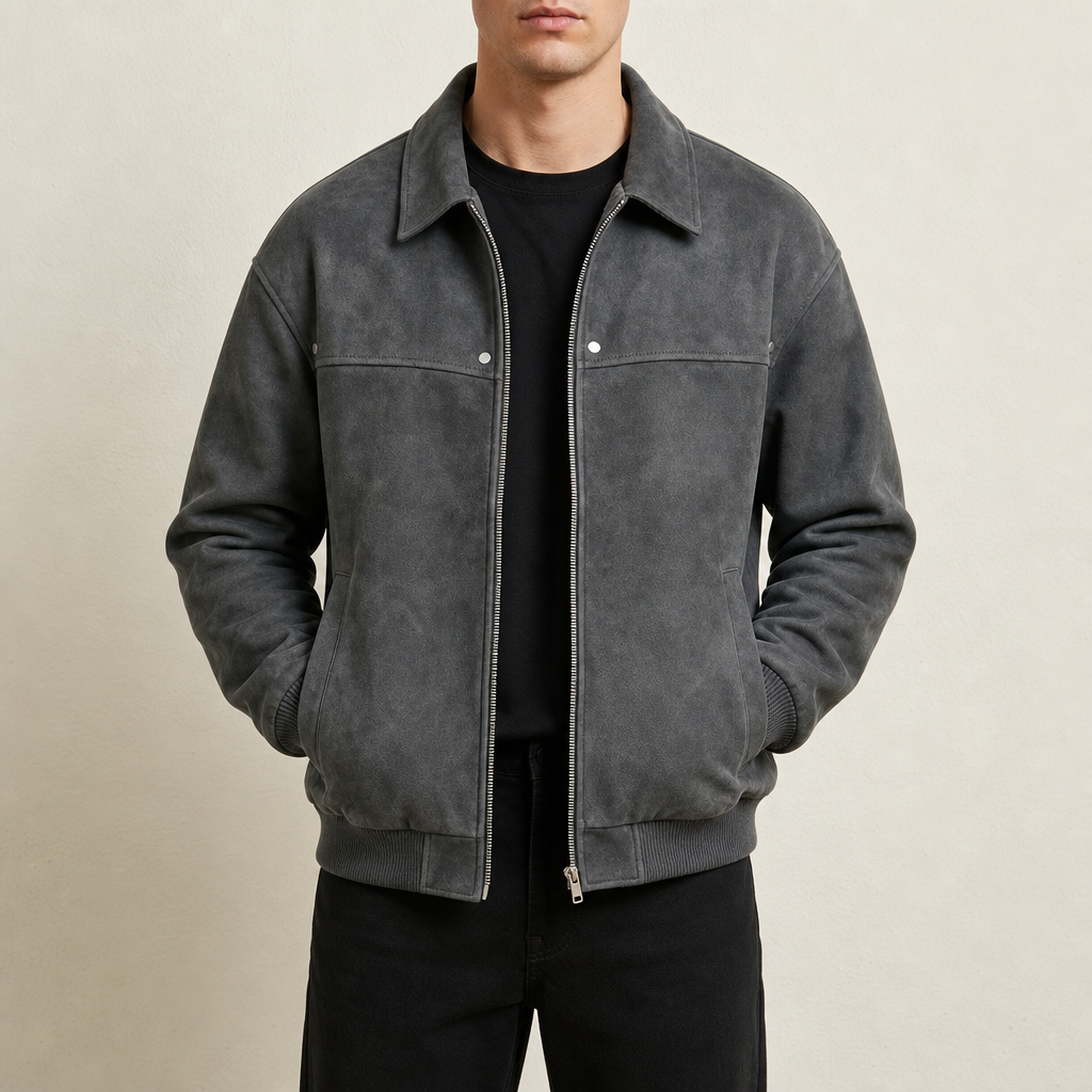 Men's Classic Leather Bomber Jacket with Ribbed Trim for Daily Use Gray