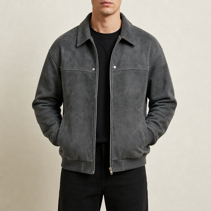 Men's Classic Leather Bomber Jacket with Ribbed Trim for Daily Use Gray