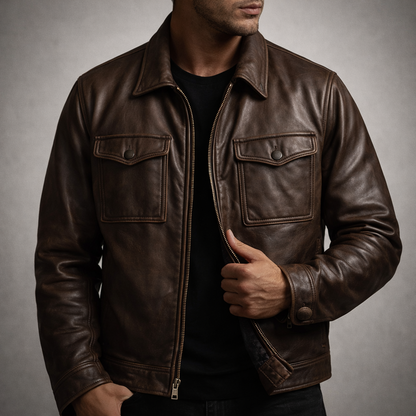 Men's Classic Leather Jacket with Four-Pocket Style for Daily Use Dark Brown