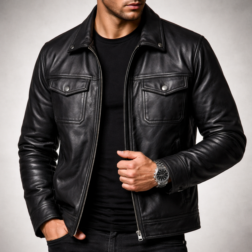 Men's Classic Leather Jacket with Four-Pocket Style for Daily Use Black