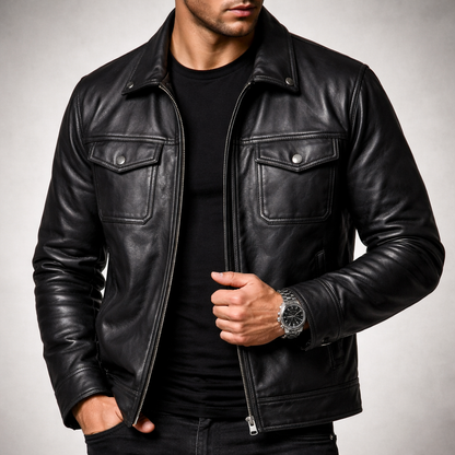 Men's Classic Leather Jacket with Four-Pocket Style for Daily Use Black