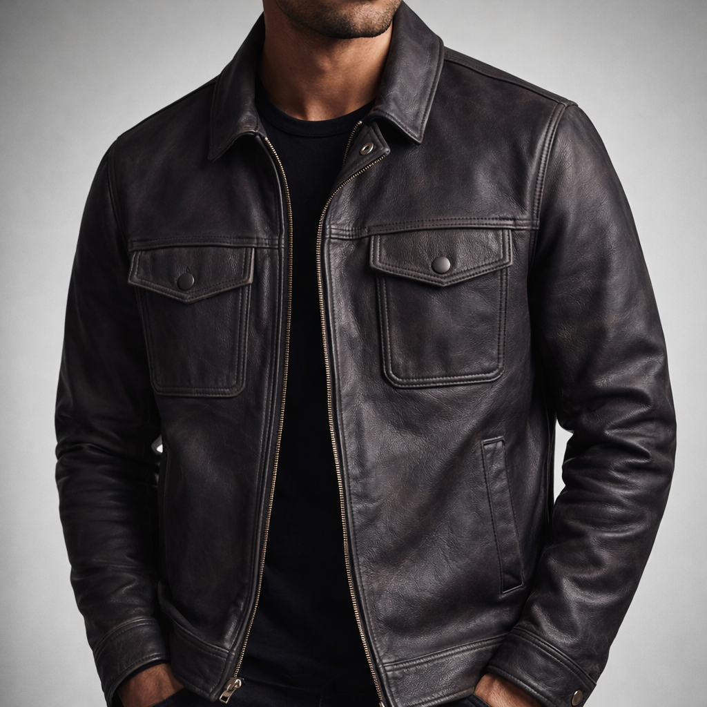 Men's Classic Leather Jacket with Four-Pocket Style for Daily Use Dark Gray