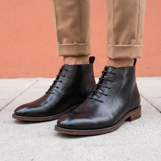 Men's Full Grain Leather Goodyear Welt Chukka Boots for Daily Use Black