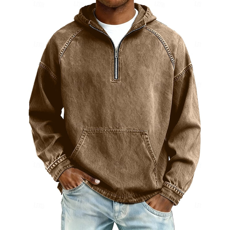 Men's Casual Washed Quarter-Zip Hoodie for Daily Use Warm
