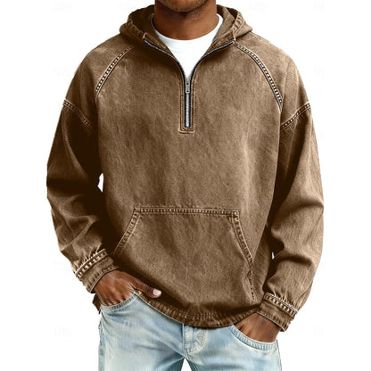 Men's Casual Washed Quarter-Zip Hoodie for Daily Use Warm