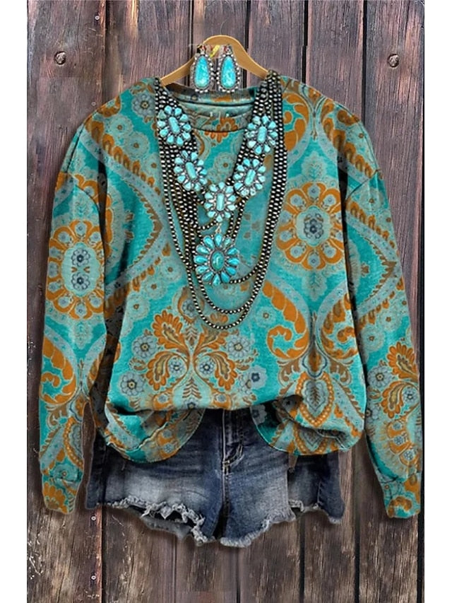 Women's Floral Geometric Pullover Sweatshirt for Daily Use Green