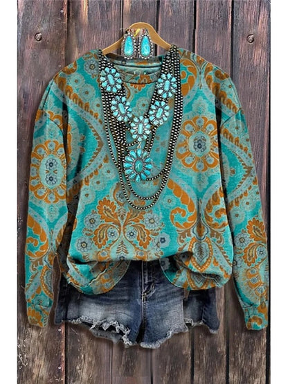 Women's Floral Geometric Pullover Sweatshirt for Daily Use Green