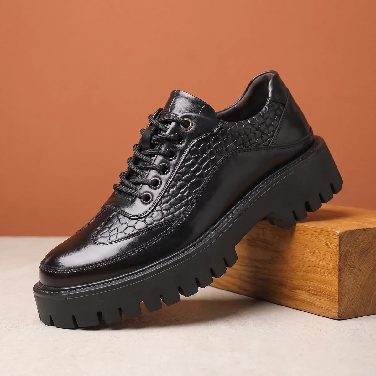 Men's Leather Chunky Tread Derbies with Crocodile Detail Black