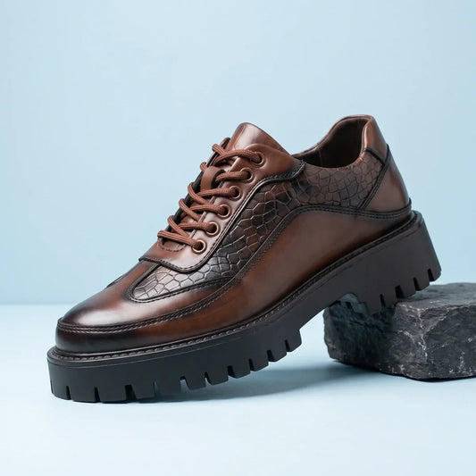 Men's Leather Chunky Tread Derbies with Crocodile Detail Dark Brown