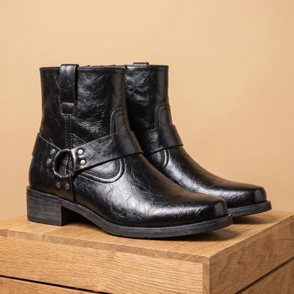 Men's Leather Ankle Harness Boots for Fall and Winter Everyday Wear Black