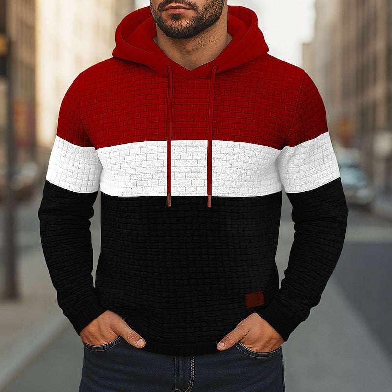 Men's Color Block Textured Pullover Hoodie for Daily Use