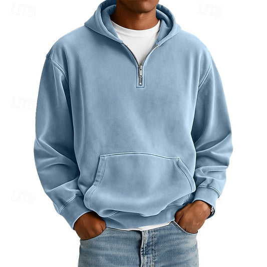 Men's Casual Quarter-Zip Hoodie for Fall and Winter Everyday Wear Light Blue
