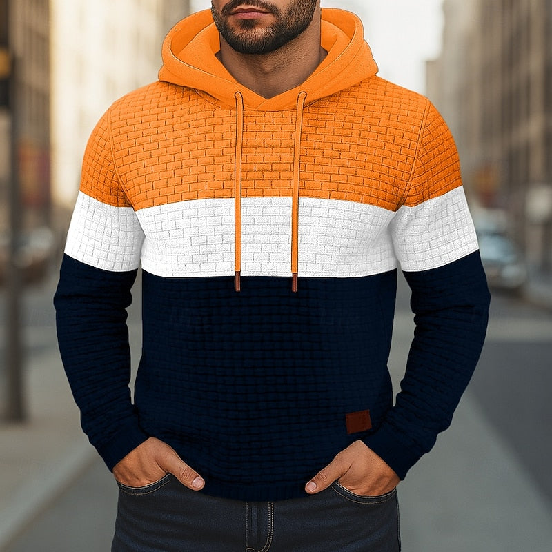 Men's Color Block Textured Pullover Hoodie for Daily Use