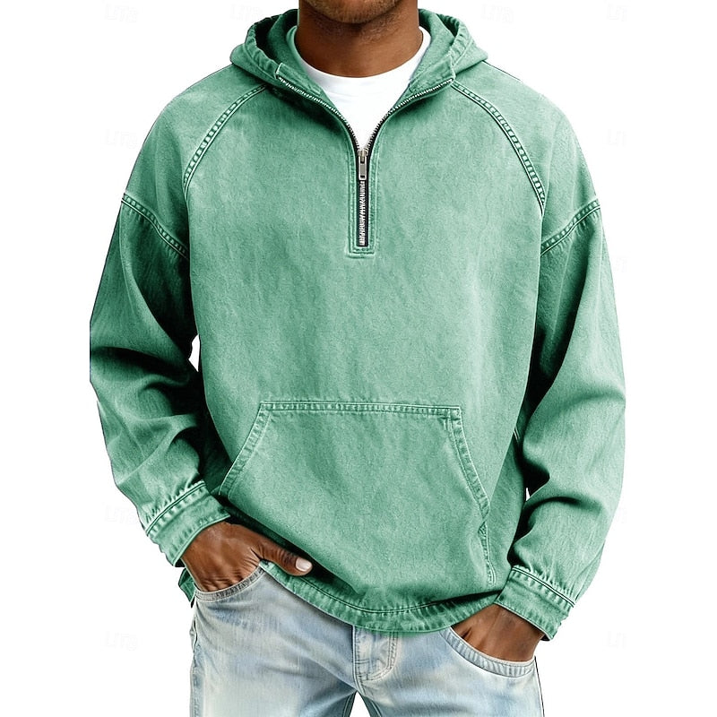 Men's Casual Washed Quarter-Zip Hoodie for Daily Use Warm