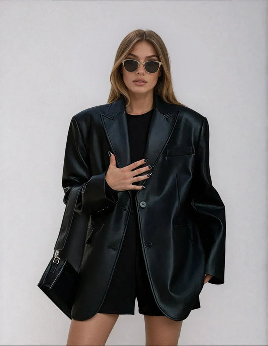 Women's Oversized Faux Leather Blazer Coat for Daily Use Black