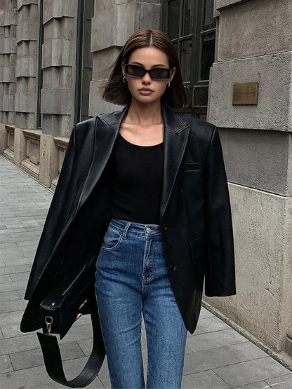 Women's Oversized Faux Leather Blazer Coat for Daily Use