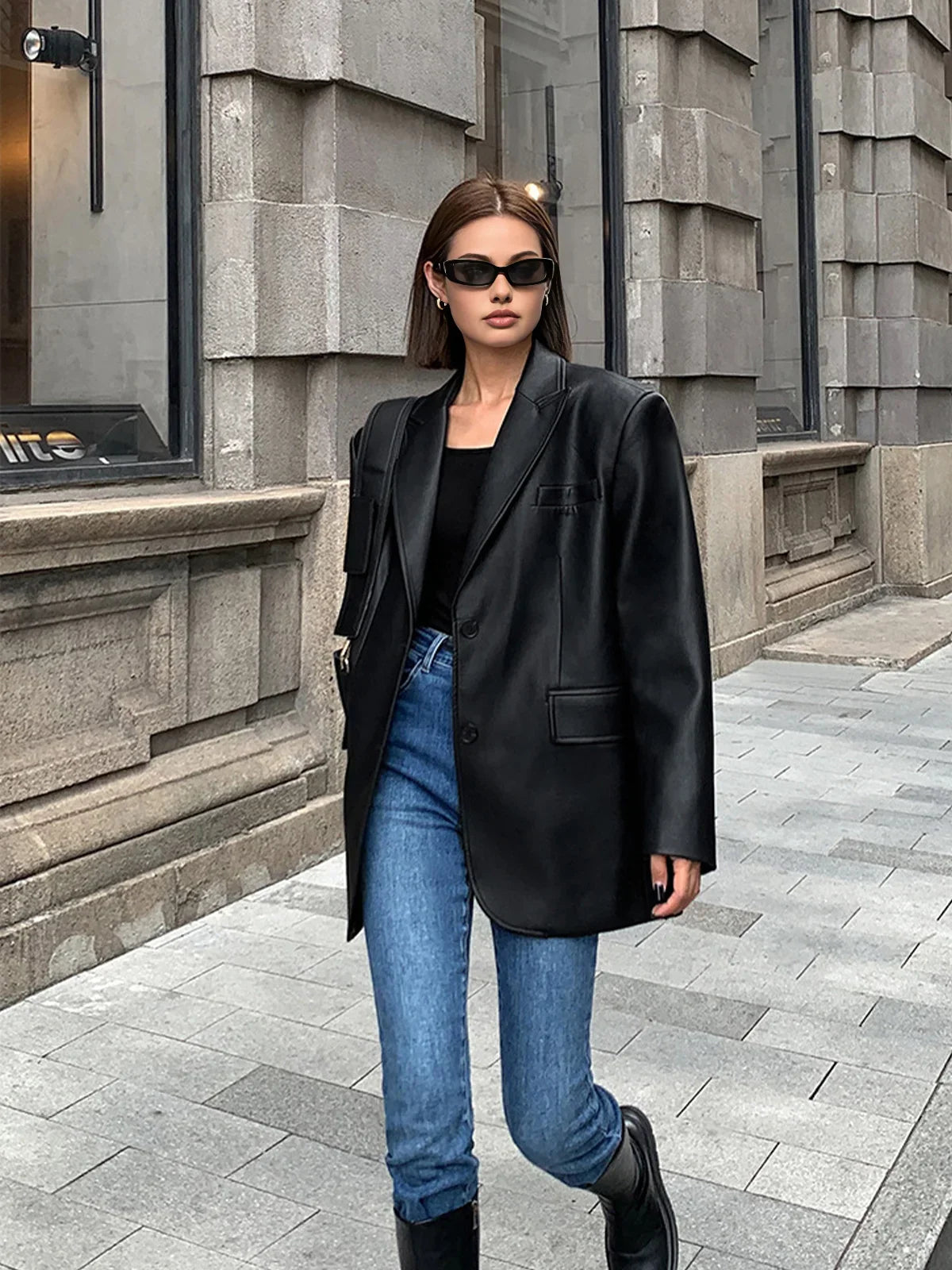 Women's Oversized Faux Leather Blazer Coat for Daily Use
